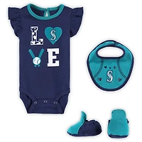 Ensemble trois pièces Love of Baseball Bib Body & Booties Newborn Infant Marine/Aqua Seattle Mariners