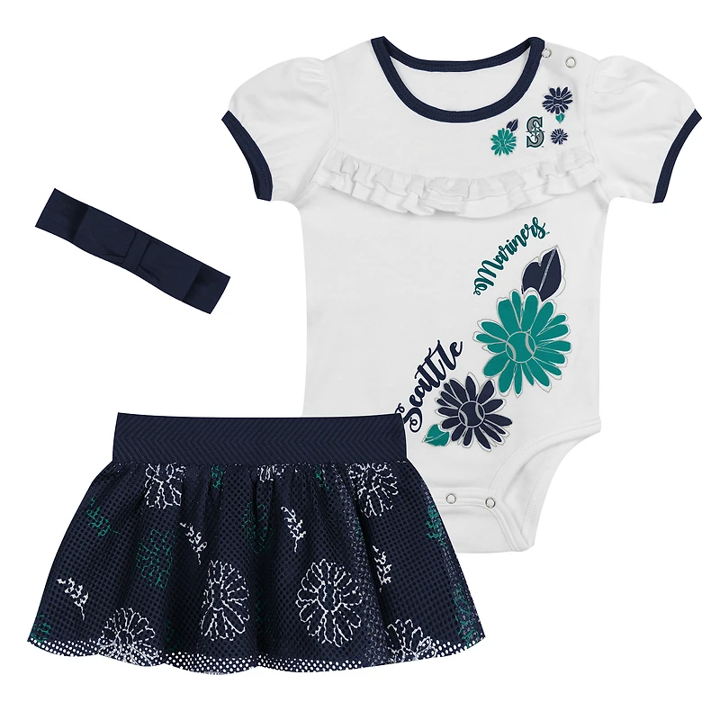 Newborn White/Navy Seattle Mariners Sweet Catcher 3-Piece Bodysuit, Headband and Skirt Set