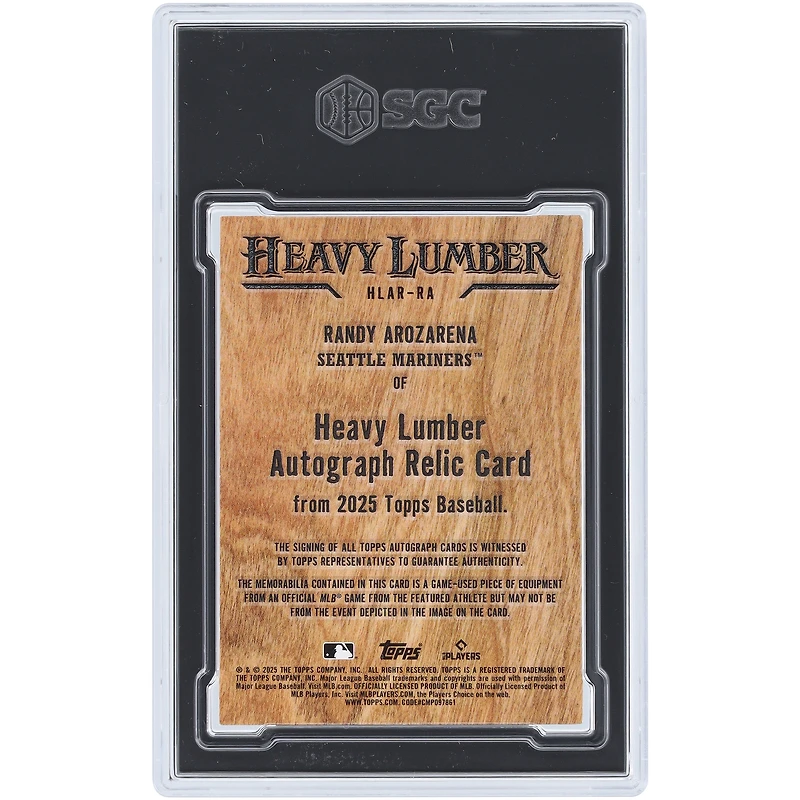 Randy Arozarena Seattle Mariners Autographed 2025 Topps Bat Relic #HLAR-RA SGC Authenticated 8.5 Card