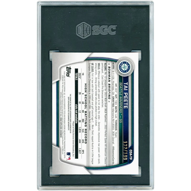 Carte autographiée de Tai Peete (Seattle Mariners) Bowman Chrome Sapphire 2023 #CDA-TP #132/199 authentifiée par SGC (10 cartes)