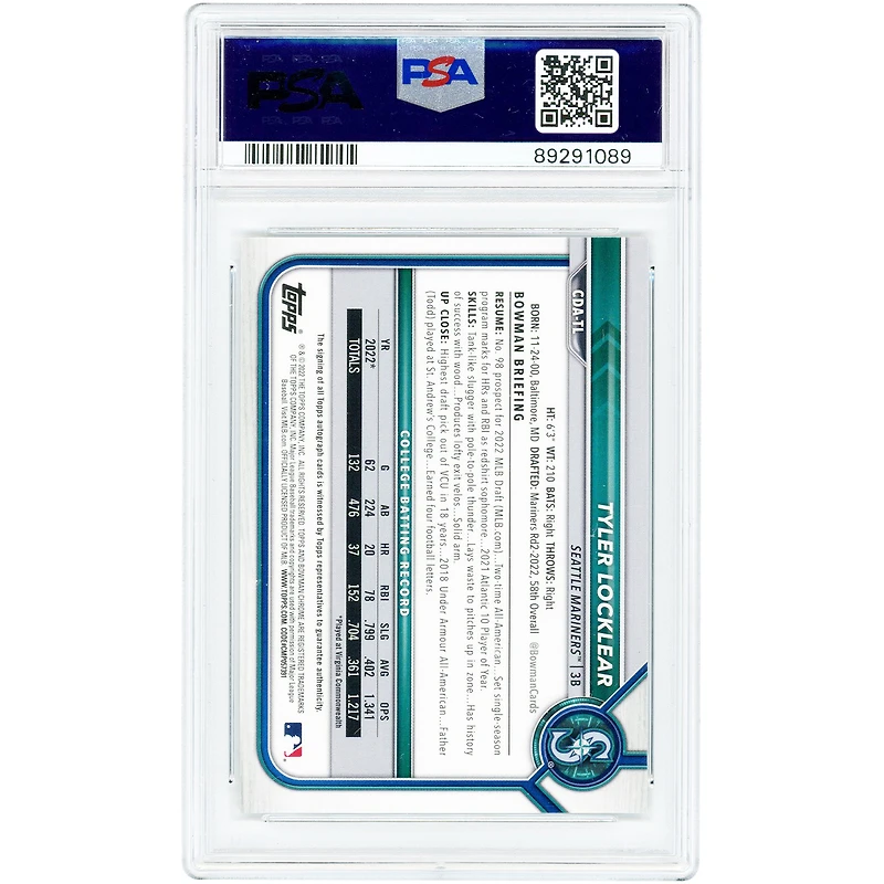 Carte authentifiée PSA 10 authentifiée par Tyler Locklear (Seattle Mariners), signée par les Mariners de Seattle (édition 2022, Bowman Chrome Sparkle Refractor #CDA-TL #58/71).