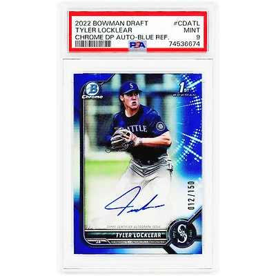 Carte autographiée par Tyler Locklear (Seattle Mariners) – Bowman Draft Chrome Blue Refractor 2022, numéro CDA-TL, numéro 12/150, authentifiée par PSA 9.