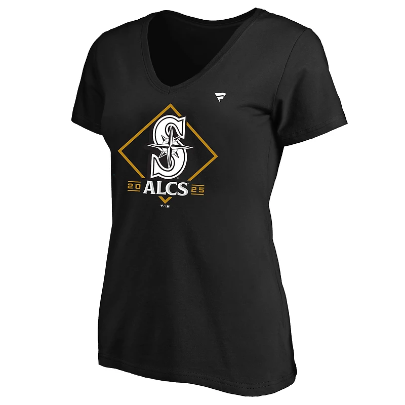 T-shirt fanatique noir pour femmes des Seattle Mariners, champions de la série division Ligue américaine 2025, grande taille, vestiaires