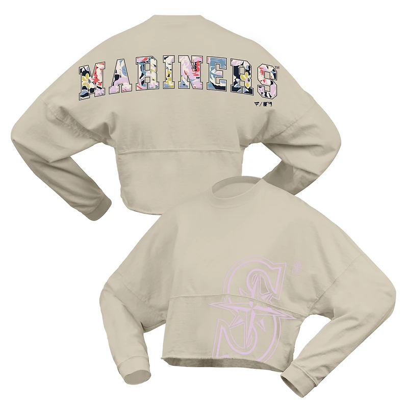 Women's Fanatics  Cream Seattle Mariners Floral Preppy Cropped Long Sleeve T-Shirt