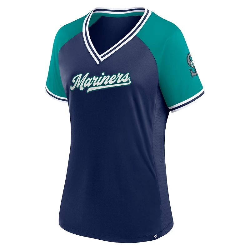 T-shirt à col en V Fanatics Navy Seattle Mariners Glitz & Glam League Diva Raglan pour femmes