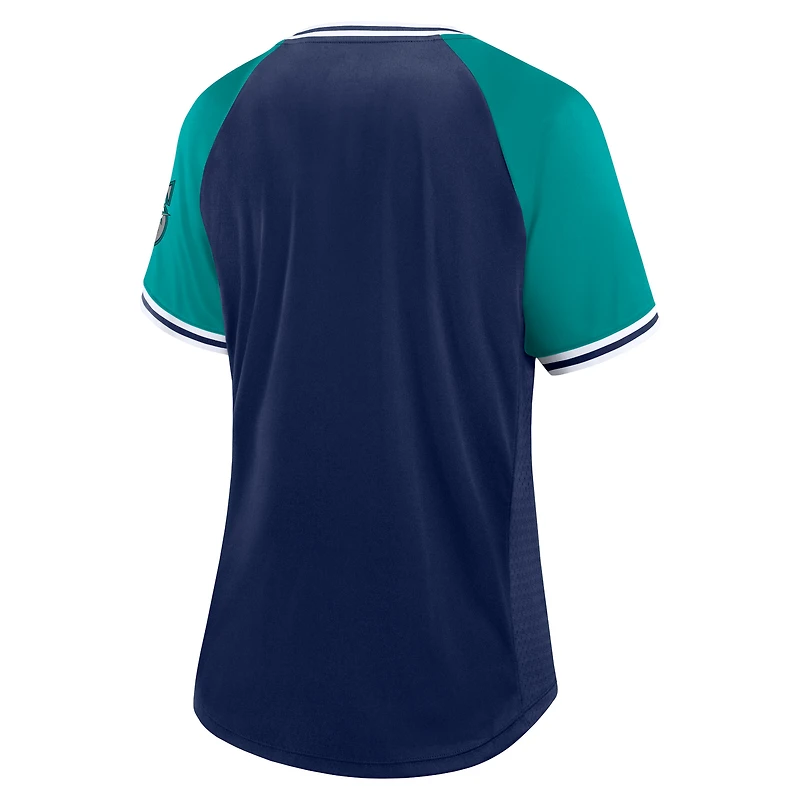 T-shirt à col en V Fanatics Navy Seattle Mariners Glitz & Glam League Diva Raglan pour femmes