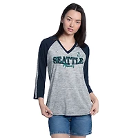 Women's G-III 4Her by Carl Banks Navy/Heather Navy Seattle Mariners Speed Training 3/4-Sleeve Rhinestone V-Neck T-Shirt