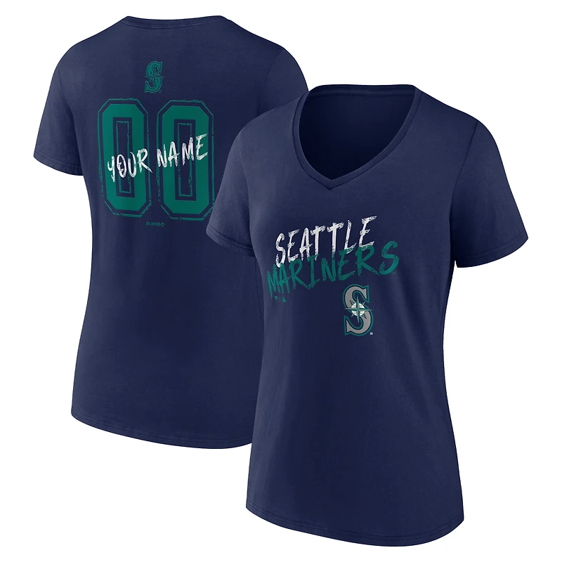 T-shirt à col en V personnalisé avec nom et numéro des Mariners de Seattle pour femmes, bleu marine