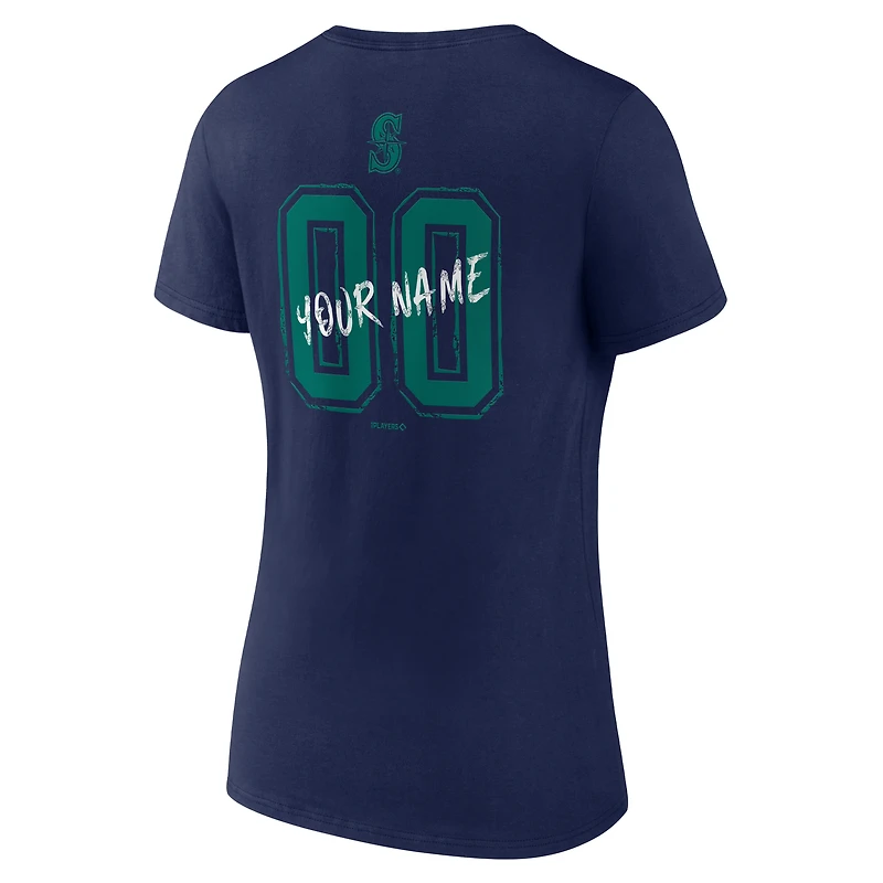 T-shirt à col en V personnalisé avec nom et numéro des Mariners de Seattle pour femmes, bleu marine