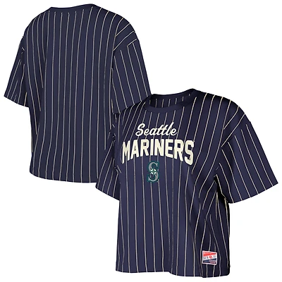Women's New Era Navy Seattle Mariners Cooperstown Collection Multiplier Pinstripe Cropped T-Shirt