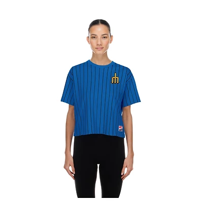 Women's New Era  Royal Seattle Mariners City Connect Throwback Meshback Pinstripe Boxy T-Shirt