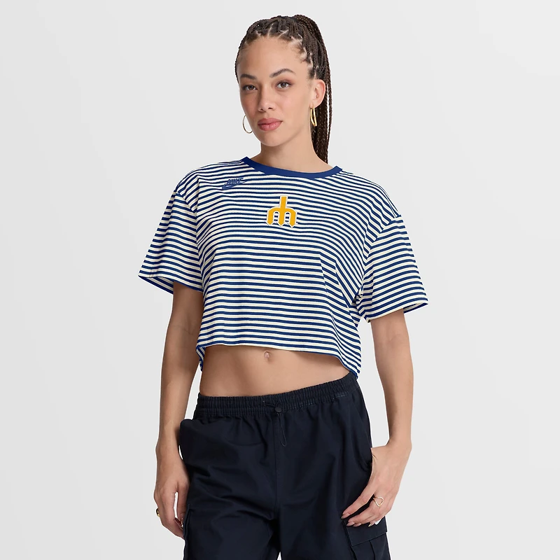 Women's Nike Royal/Cream Seattle Mariners Cooperstown Collection Striped Cropped T-Shirt