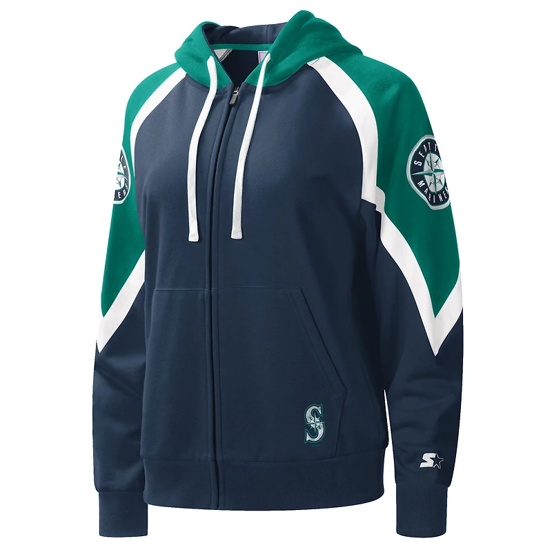 Sweat à capuche entièrement zippé Starter Navy/Aqua Seattle Mariners Hail Mary Raglan pour femmes