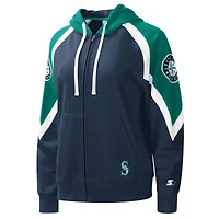 Sweat à capuche entièrement zippé Starter Navy/Aqua Seattle Mariners Hail Mary Raglan pour femmes