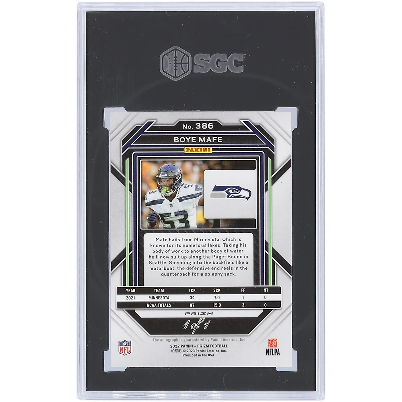 Carte de recrue Panini Prizm #386 #1/1 SGC authentifiée 9,5/10 2022 No Huddle Prizm #386 #1/1 SGC autographiée par Boye Mafe Seattle Seahawks