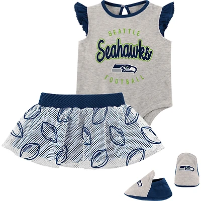 Girls Infant Heather Gray/Navy Seattle Seahawks All Dolled Up Three-Piece Bodysuit, Skirt & Booties Set