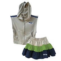 Girls Toddler Wes & Willy Neon Green/College Navy Seattle Seahawks Sleeveless Full-Zip Hoodie Three Tier Skirt Set