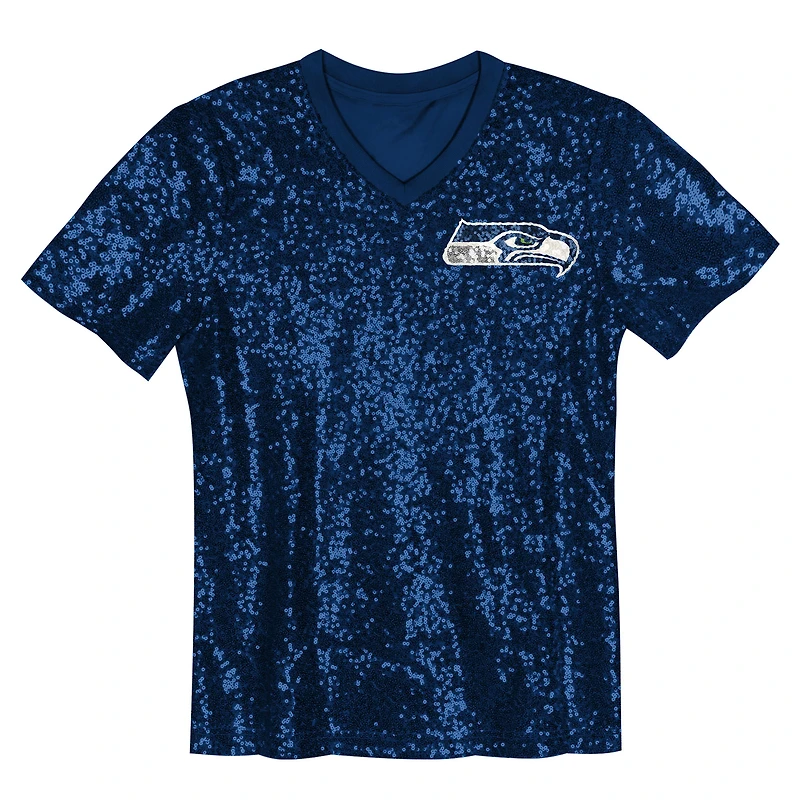 Maillot à col en V sequins pour jeunes filles de 12 ans Fan College Navy Seattle Seahawks