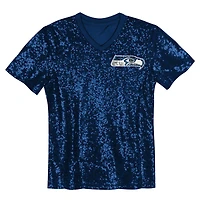 Maillot à col en V sequins pour jeunes filles de 12 ans Fan College Navy Seattle Seahawks