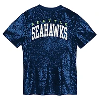Girls Youth College Navy Seattle Seahawks Wordmark Sequin V-Neck Top