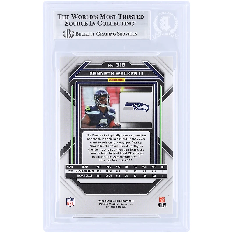 Kenneth Walker III Seattle Seahawks Autographed 2022 Panini Prizm #318 Beckett Fanatics Witnessed Authenticated Rookie Card