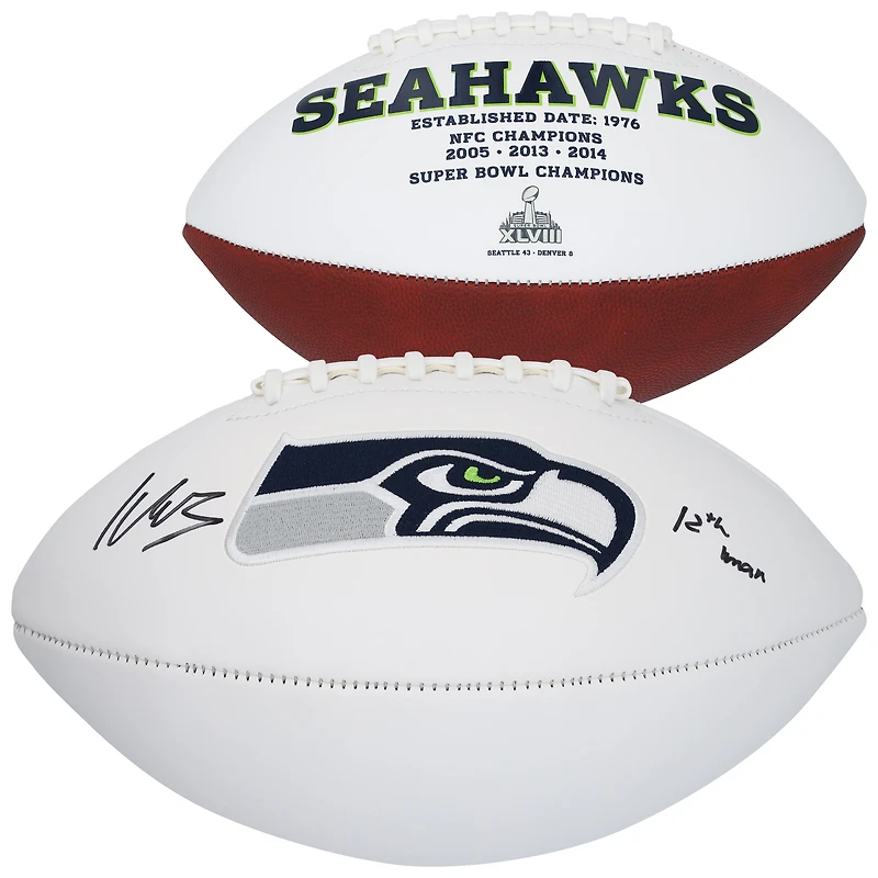 Ballon de football Franklin White Panel autographié par Kenneth Walker III des Seattle Seahawks avec inscription « 12th Man »