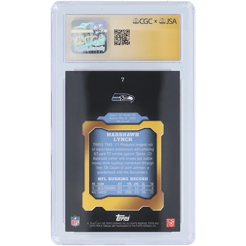 Marshawn Lynch Seattle Seahawks Autographié 2011 Topps Triple Threads #7 #/999 CGC Fanatics Witnessed Authenticated Auto 10 Card