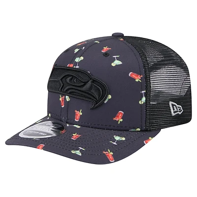 Men's New Era  Navy/Black Seattle Seahawks Adventure Drinks Pattern 9SEVENTY Stretch-Snap Hat