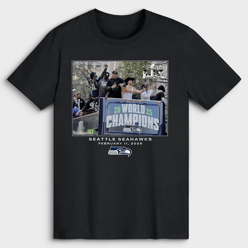 T-shirt noir pour homme Seattle Seahawks NFL Flash Features Super Bowl LX Champions Parade