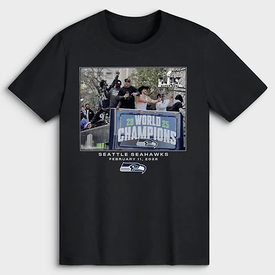 T-shirt noir pour homme Seattle Seahawks NFL Flash Features Super Bowl LX Champions Parade