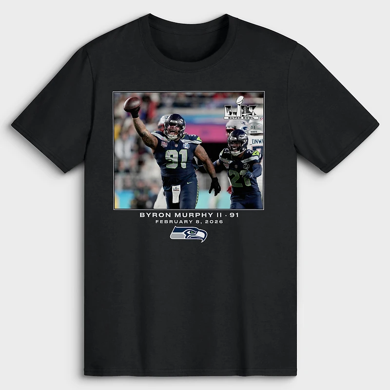 T-shirt homme Byron Murphy II noir Seattle Seahawks NFL Flash Features Super Bowl LX