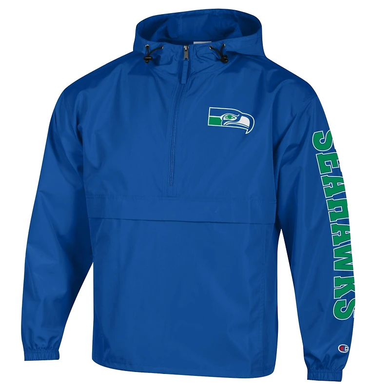 Men's Champion Royal Seattle Seahawks Packable Hooded Windbreaker Half-Zip Jacket