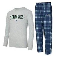 Ensemble t-shirt à manches longues et pantalon carreaux Seattle Seahawks, bleu marine/gris chiné, pour homme, de la marque Concepts Sport College.