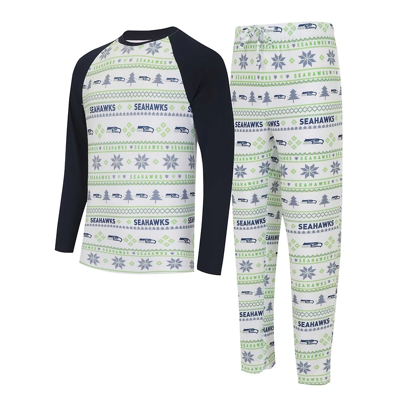 Men's Concepts Sport White/Navy Seattle Seahawks Tinsel Raglan Long Sleeve Top & Pants Sleep Set