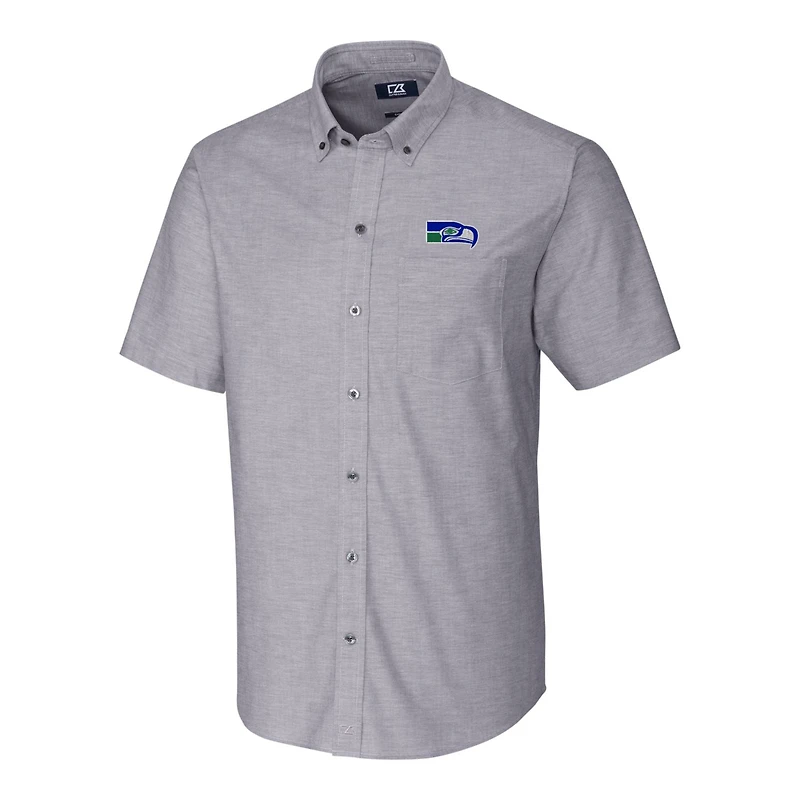 Chemise boutonnée à manches courtes et col boutonné pour homme, couleur anthracite, avec logo rétro des Seattle Seahawks, coupe Cutter & Buck, grande taille