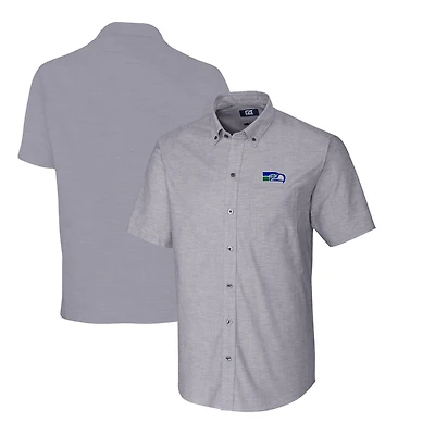 Chemise boutonnée à manches courtes et col boutonné pour homme, couleur anthracite, avec logo rétro des Seattle Seahawks, coupe Cutter & Buck, grande taille
