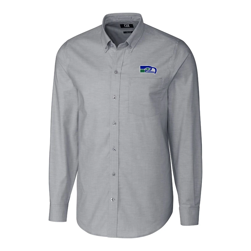 Men's Cutter & Buck Charcoal Seattle Seahawks Throwback Logo Long Sleeve Stretch Oxford Button-Down Shirt