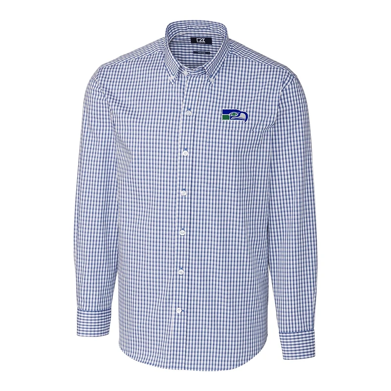 Chemise boutonnée à manches longues pour homme Cutter & Buck Royal Seattle Seahawks Throwback Logo Easy Care Stretch Gingham Big Tall