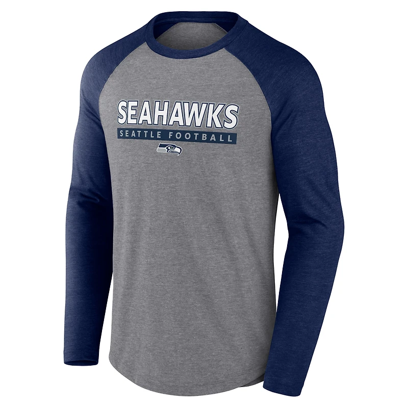 T-shirt à manches longues raglan Seattle Seahawks Fanatics Heather Grey/Heather College Navy pour hommes