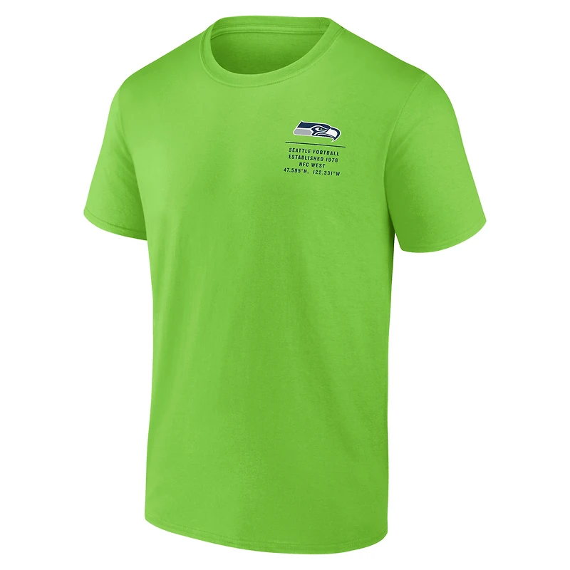 T-shirt Fanatics pour homme, vert fluo, avec statistiques répétées des Seattle Seahawks