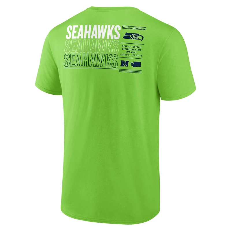T-shirt Fanatics pour homme, vert fluo, avec statistiques répétées des Seattle Seahawks