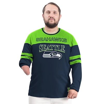 T-shirt à manches longues adaptatif G-III Sports by Carl Banks pour homme, bleu marine universitaire/vert fluo, des Seattle Seahawks