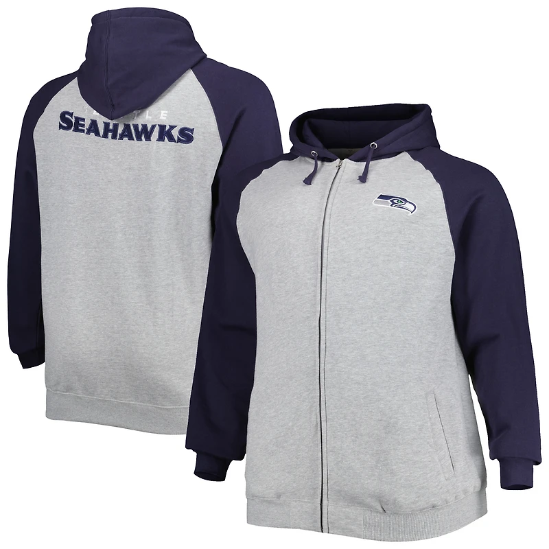 Veste à capuche raglan fermeture éclair intégrale Seattle Seahawks Big & Tall pour homme, gris chiné