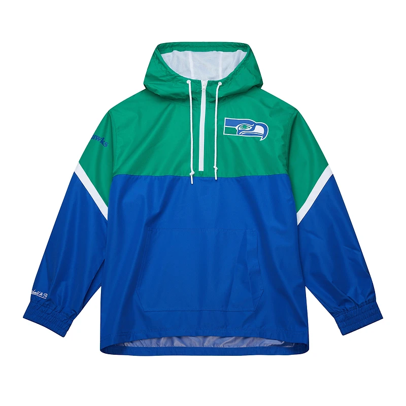 Men's Mitchell & Ness Green/Royal Seattle Seahawks Tie Breaker Vintage Logo Lightweight Anorak Half-Zip Windbreaker