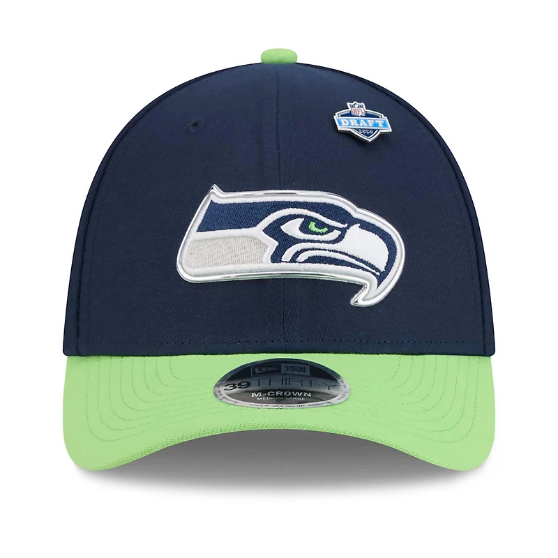Casquette New Era College pour homme, bleu marine/vert fluo, Seattle Seahawks, repêchage NFL 2026, modèle 39THIRTY M-Crown Flex