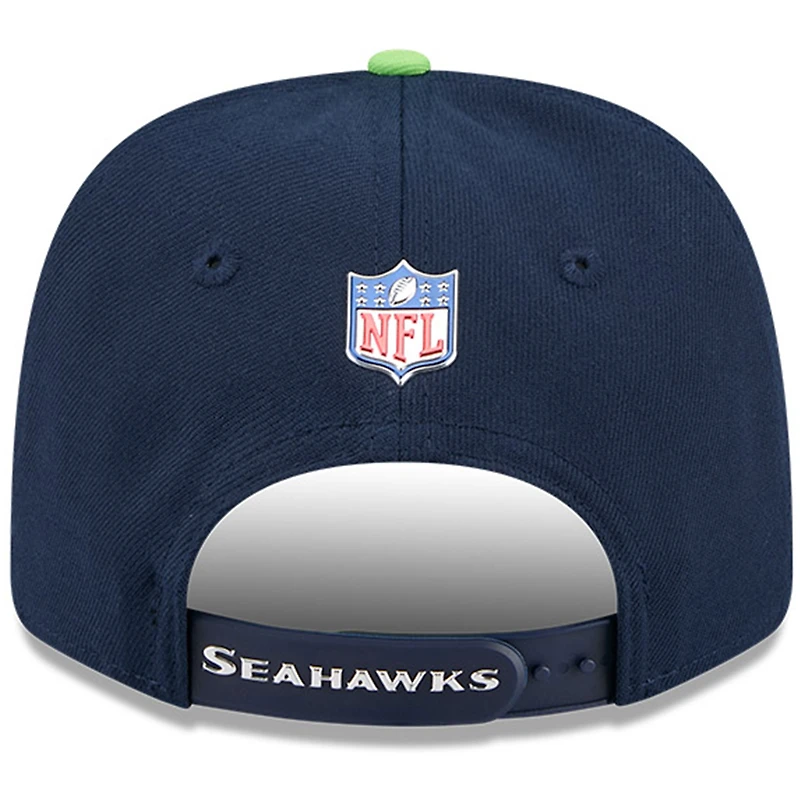 Casquette ajustable New Era College pour homme, bleu marine/vert fluo, Seattle Seahawks, draft NFL 2026, modèle 9SEVENTY