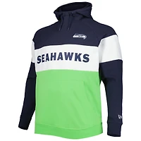 Men's New Era College Navy/Neon Green Seattle Seahawks Big & Tall Current Team Colorblock Fleece Raglan Pullover Hoodie