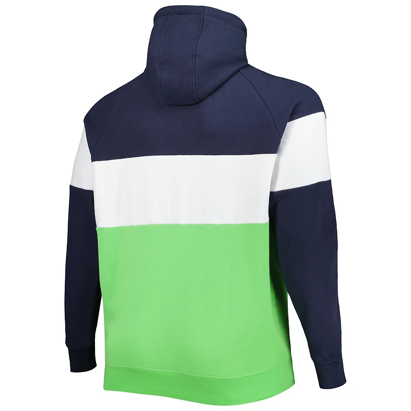 Men's New Era College Navy/Neon Green Seattle Seahawks Big & Tall Current Team Colorblock Fleece Raglan Pullover Hoodie