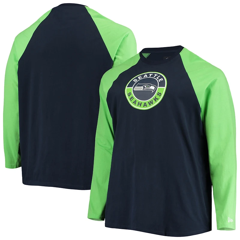 Men's New Era College Navy/Neon Green Seattle Seahawks Big & Tall League Raglan Long Sleeve T-Shirt