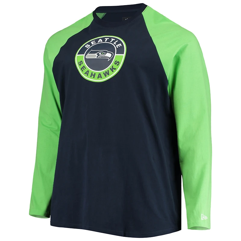 Men's New Era College Navy/Neon Green Seattle Seahawks Big & Tall League Raglan Long Sleeve T-Shirt